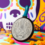 10.5 Inch Seasoned Cast Iron Xolo Sugar Skull Griddle with Deluxe Handle Holder